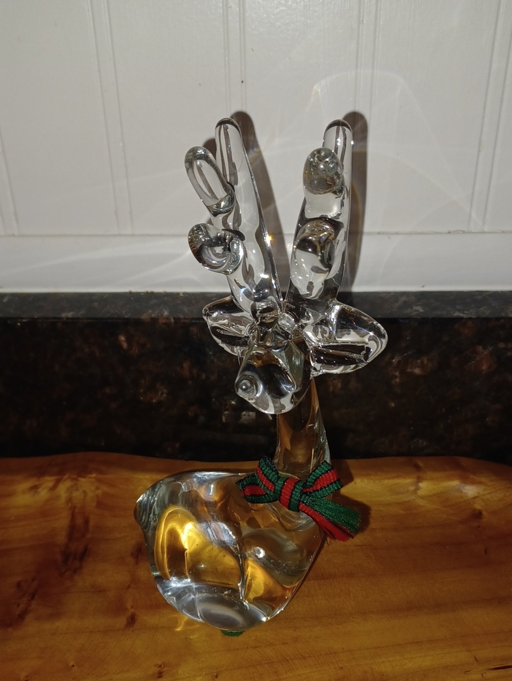 Vtg Clear Art Glass Reindeer Figurine Hand Blown Deer Red Green Ribbon Bow 7"